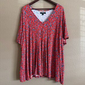 Ellos V-Neck Pleated Red and Blue Floral Tunic Top Size 2X NWT